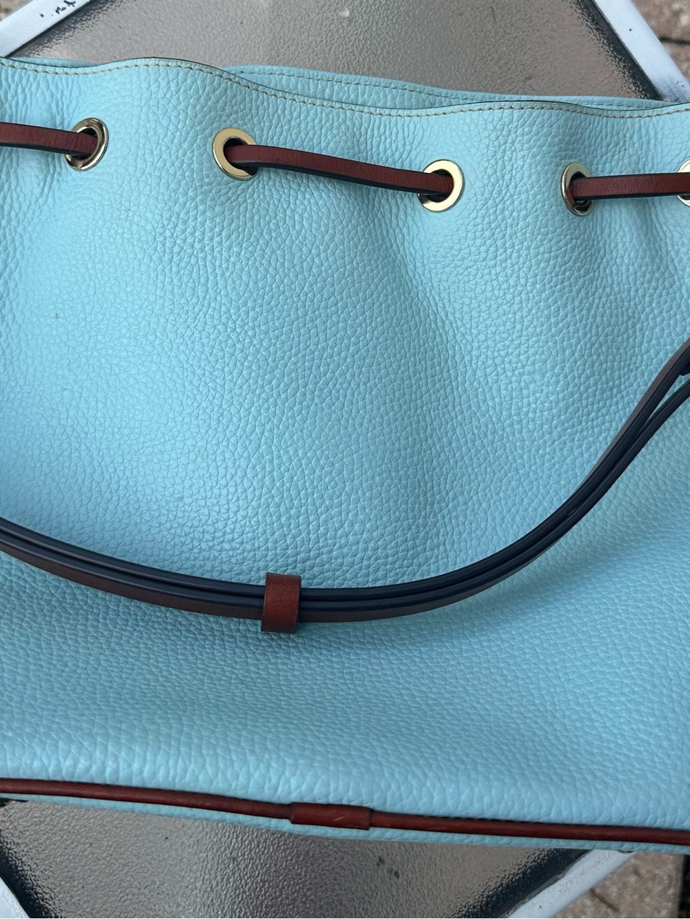 Dooney & Bourke Aqua Leather Drawstring Shoulder Bag with Brown Tassels - Picture 2 of 5